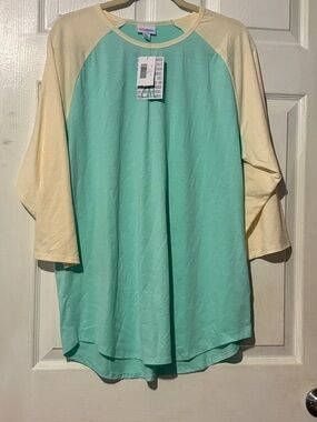 LuLaRoe Randy Mint Green with Pale Yellow Raglan Tee
